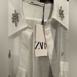 ZARA EMBELLISHED JEWEL SHIRT OYSTER WHITE  XL NWT